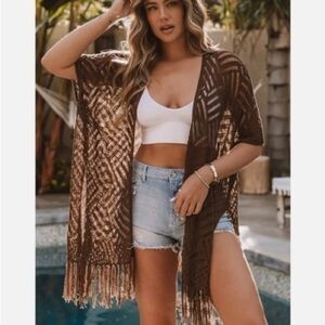 Women's Brown Loose Knitwear Kimono cardigan With Slits one size fits most